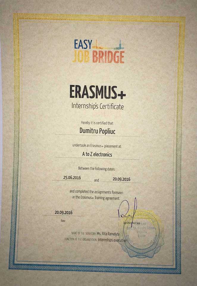 Erasmus Internship in Malta Certificate for Popliuc Dumitru