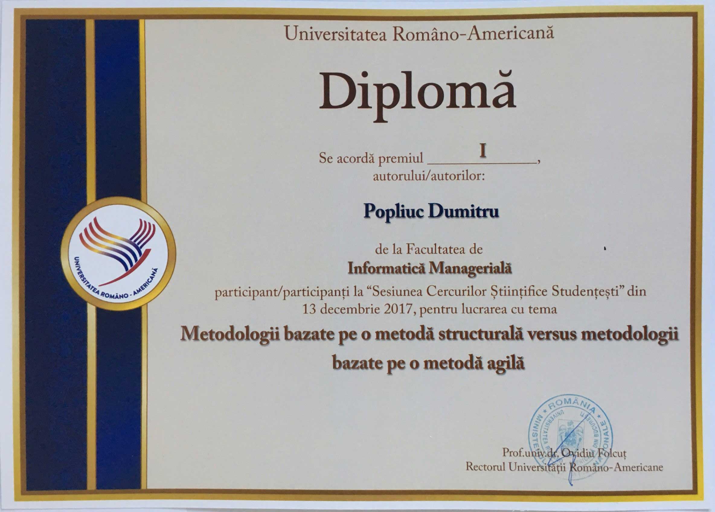 Diploma for Popliuc Dumitru Scientific Session