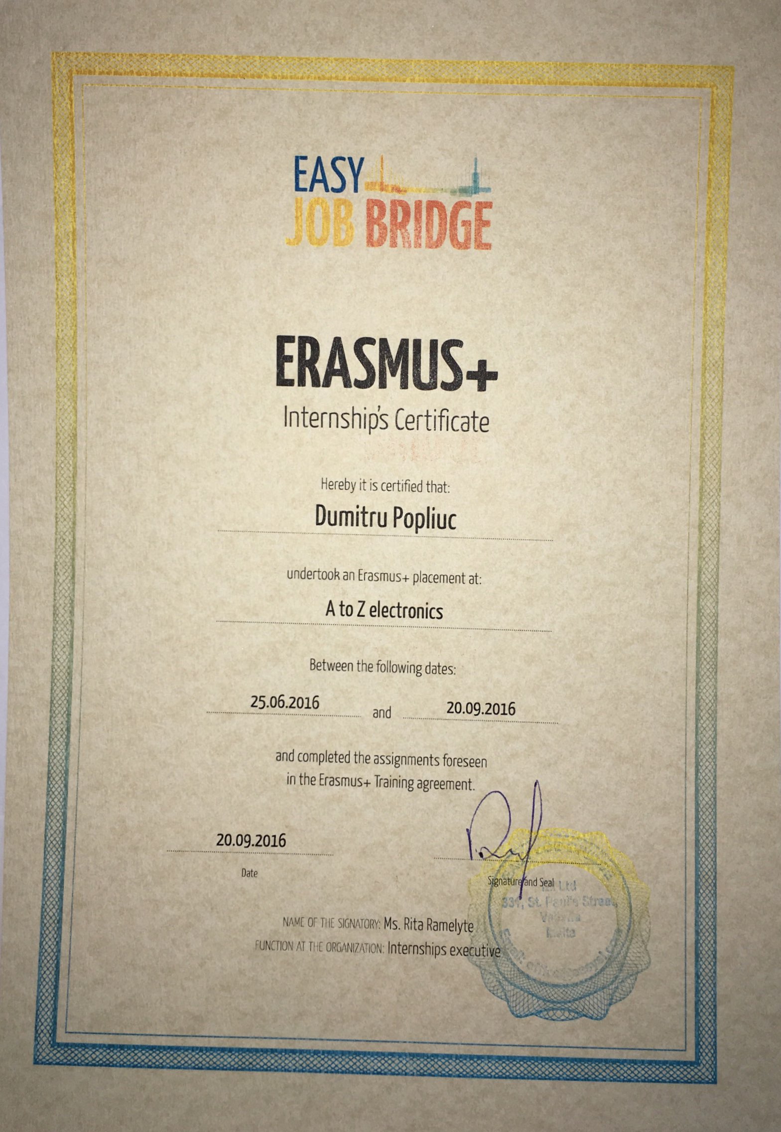 Popliuc Dumitru Erasmus Certificate Malta