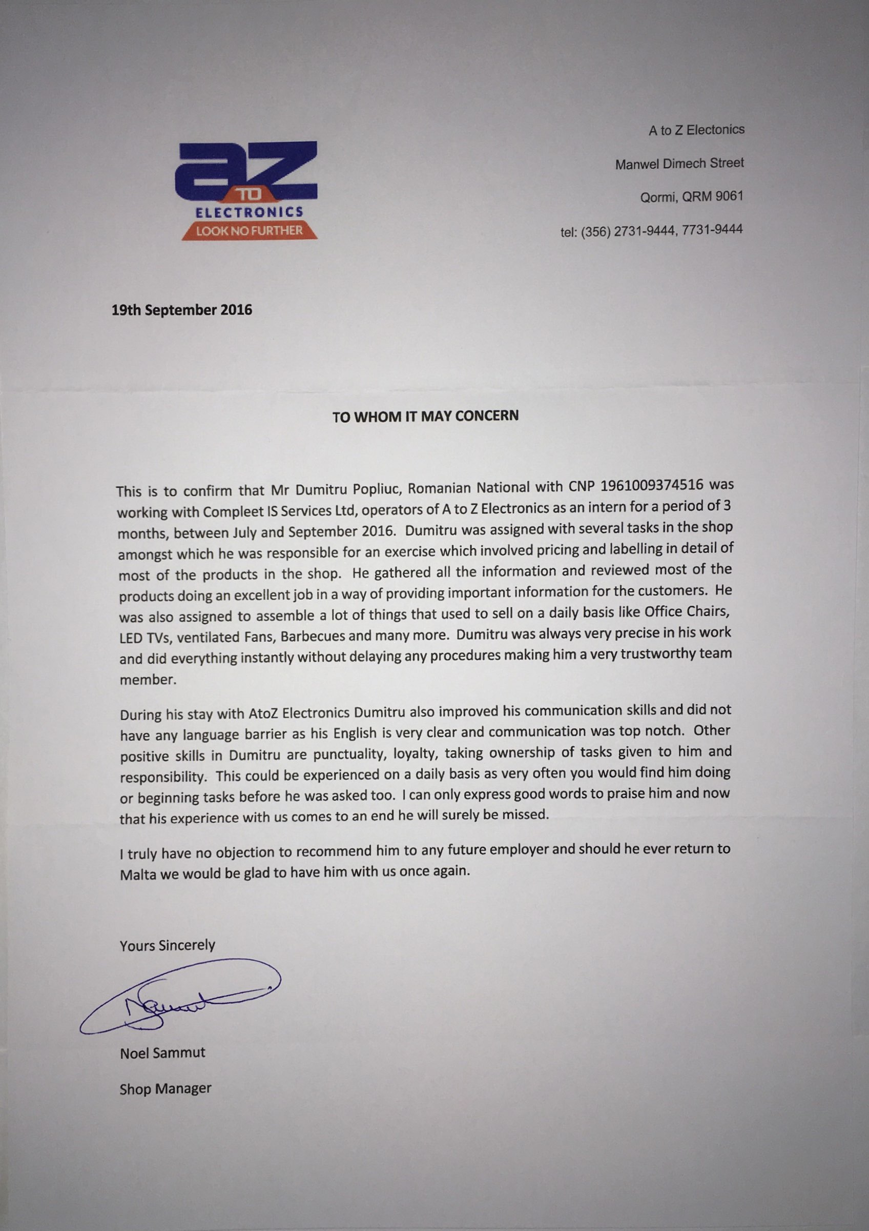 Erasmus Internship in Malta Reference letter from Noel Sammut to Popliuc Dumitru